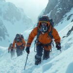 Deux alpinistes en équipement orange gravissant une pente enneigée escarpée