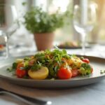 Assiette de salade fraîche avec légumes, herbes et vinaigrette.