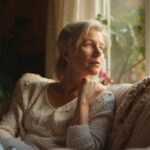 Une femme âgée, pensive, regarde par la fenêtre dans un cadre intime.