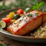 Saumon grillé servi sur un lit de couscous avec des légumes