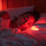 Une personne allongée dans un lit, dans une ambiance lumineuse rouge.